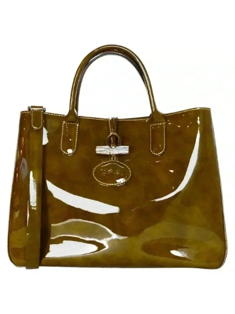 LONGCHAMP Brown Tortoise Patent Leather Large Roseau Toggle Tote - Picture 1 of 14